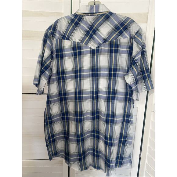 VTG Western Frontier Men's Shirt Blue Plaid Pearl Snap 2 Pocket Short Sleeve LRG - Picture 5 of 5